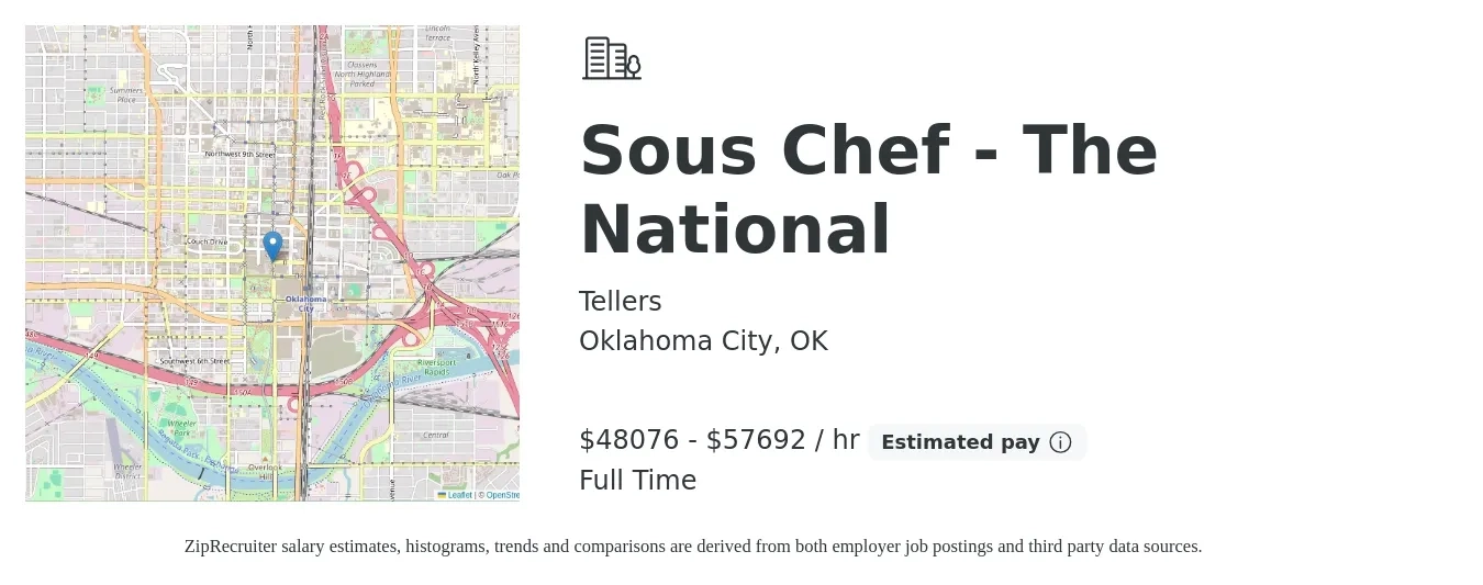 Tellers job posting for a Sous Chef - The National in Oklahoma City, OK with a salary of $50,000 to $60,000 Hourly with a map of Oklahoma City location.