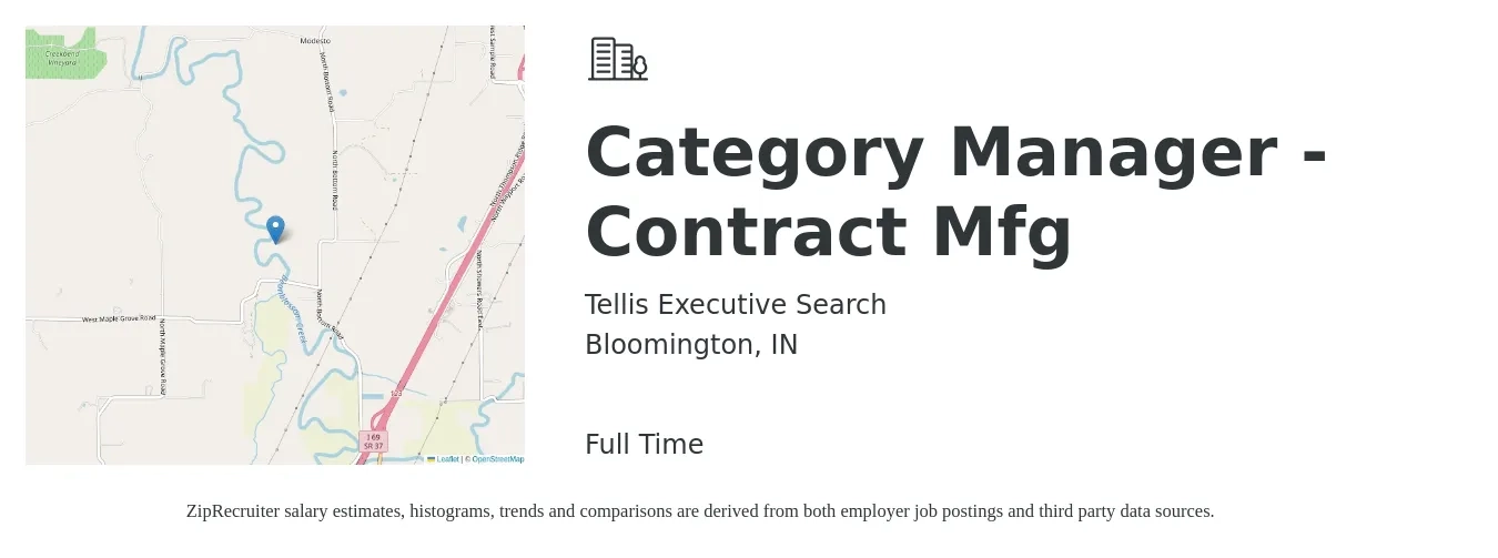 Tellis Executive Search job posting for a Category Manager - Contract Mfg in Bloomington, IN with a salary of $69,800 to $102,200 Yearly with a map of Bloomington location.