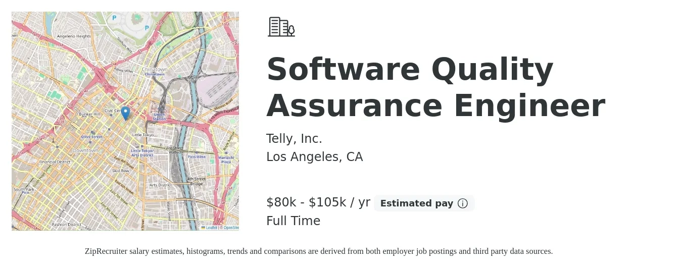 Telly, Inc. job posting for a Software Quality Assurance Engineer in Los Angeles, CA with a salary of $80,000 to $105,000 Yearly with a map of Los Angeles location.