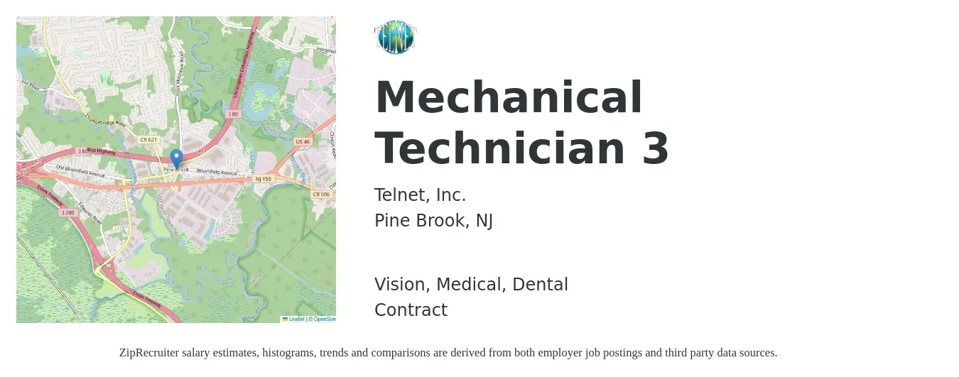 Telnet, Inc. job posting for a Mechanical Technician 3 in Pine Brook, NJ with a salary of $20 to $30 Hourly and benefits including dental, medical, and vision with a map of Pine Brook location.