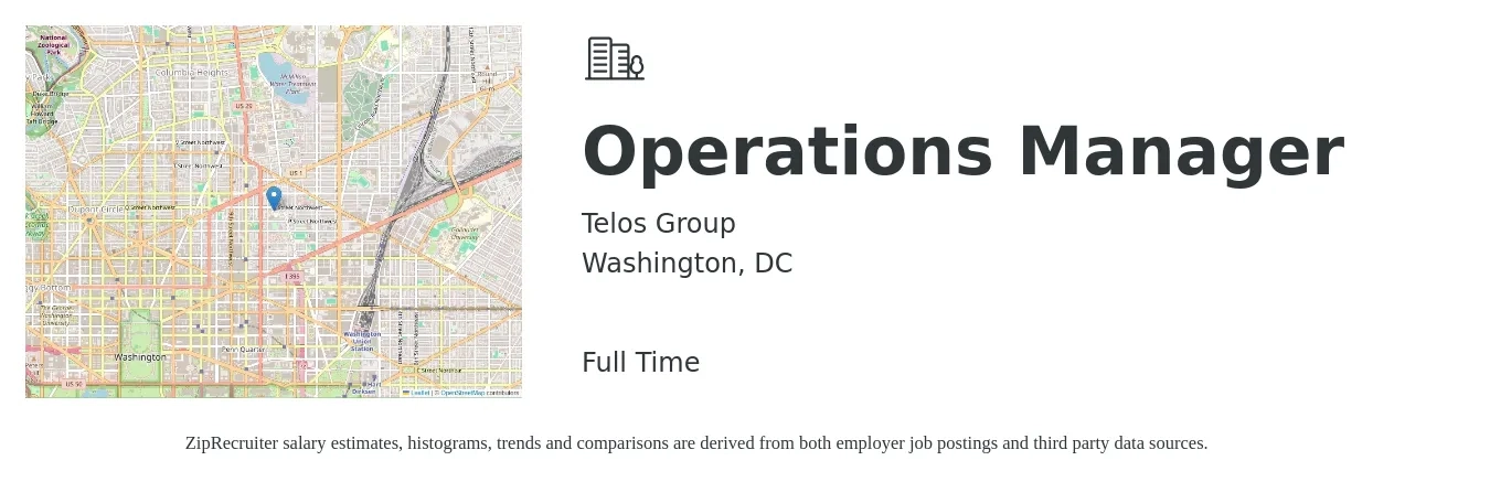 Telos Group job posting for a Operations Manager in Washington, DC with a salary of $46,400 to $87,800 Yearly with a map of Washington location.