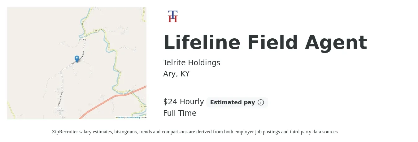 Telrite Holdings job posting for a Lifeline Field Agent in Ary, KY with a salary of $25 Hourly with a map of Ary location.