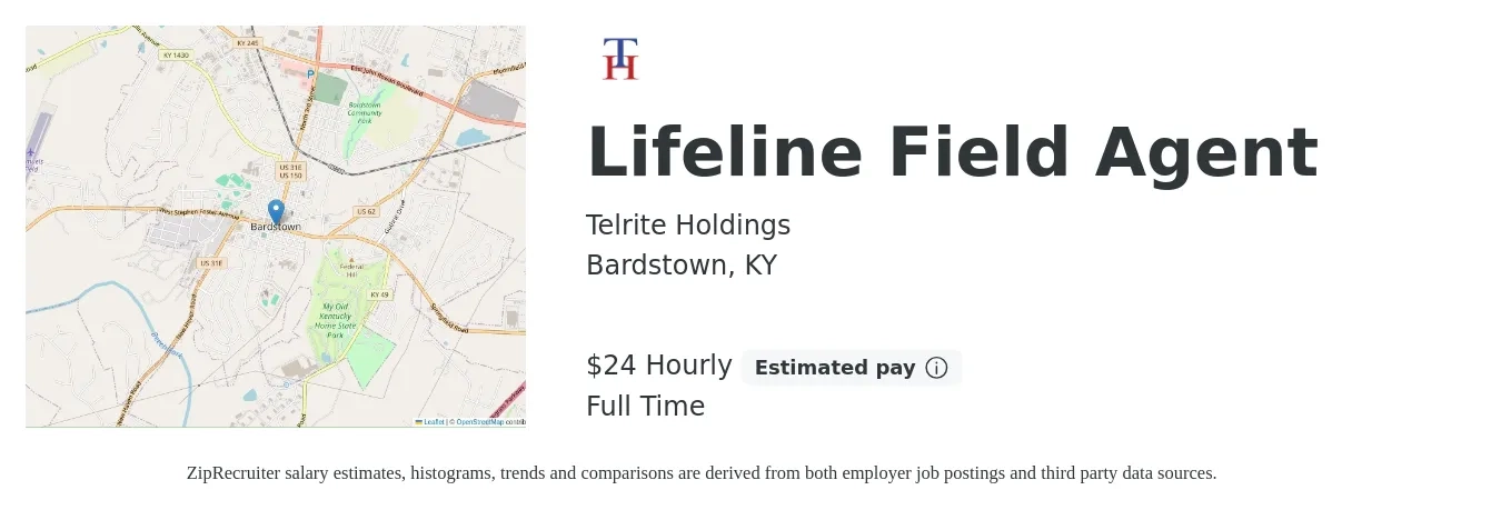 Telrite Holdings job posting for a Lifeline Field Agent in Bardstown, KY with a salary of $25 Hourly with a map of Bardstown location.