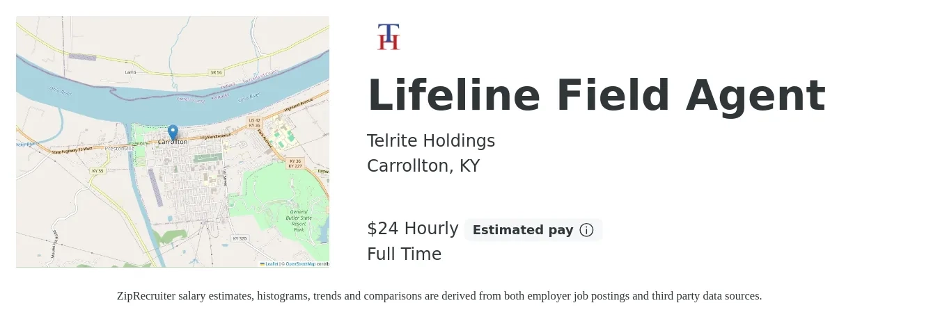Telrite Holdings job posting for a Lifeline Field Agent in Carrollton, KY with a salary of $25 Hourly with a map of Carrollton location.