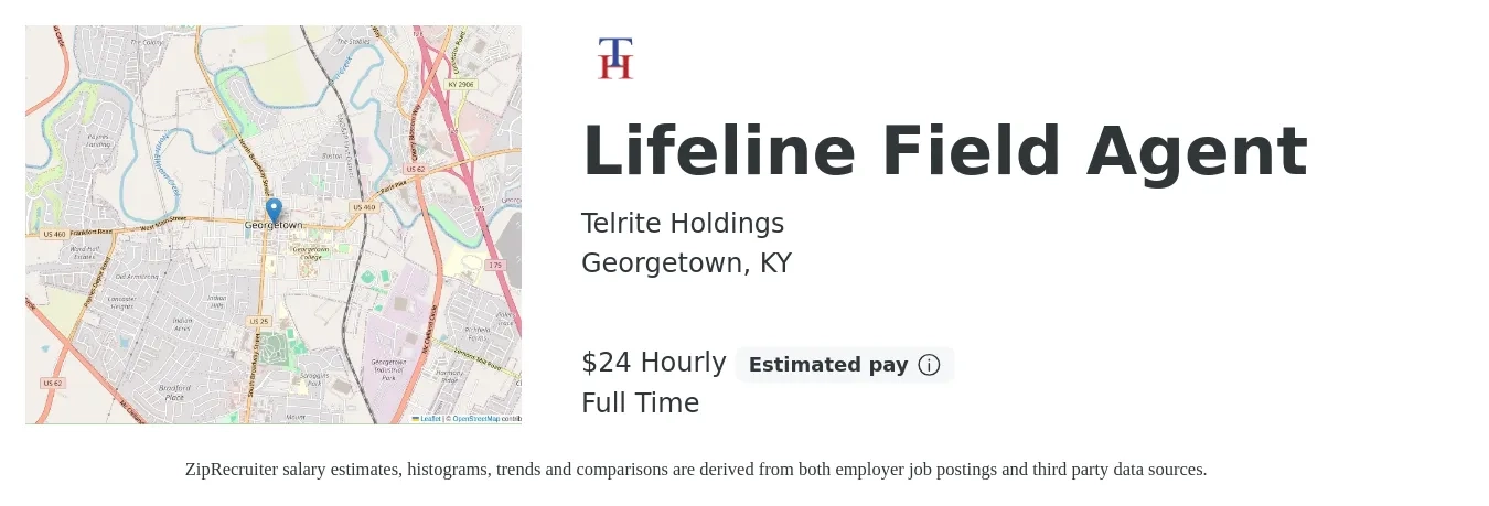 Telrite Holdings job posting for a Lifeline Field Agent in Georgetown, KY with a salary of $25 Hourly with a map of Georgetown location.