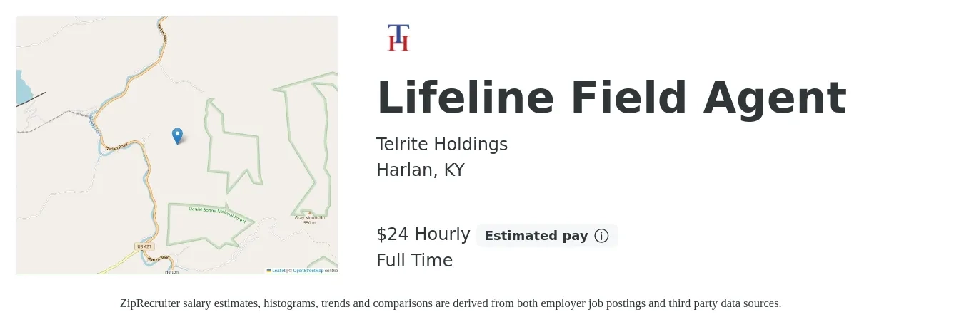 Telrite Holdings job posting for a Lifeline Field Agent in Harlan, KY with a salary of $25 Hourly with a map of Harlan location.