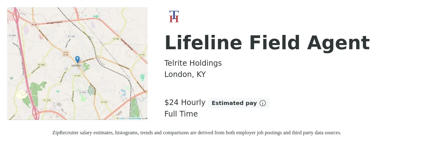 Telrite Holdings job posting for a Lifeline Field Agent in London, KY with a salary of $25 Hourly with a map of London location.
