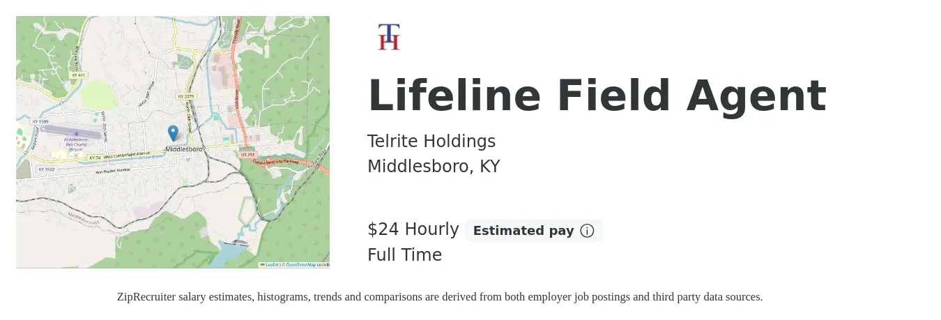 Telrite Holdings job posting for a Lifeline Field Agent in Middlesboro, KY with a salary of $25 Hourly with a map of Middlesboro location.