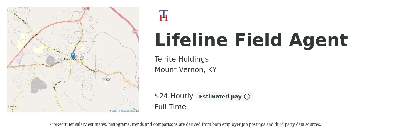 Telrite Holdings job posting for a Lifeline Field Agent in Mount Vernon, KY with a salary of $25 Hourly with a map of Mount Vernon location.