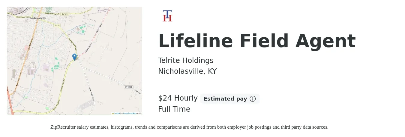 Telrite Holdings job posting for a Lifeline Field Agent in Nicholasville, KY with a salary of $25 Hourly with a map of Nicholasville location.