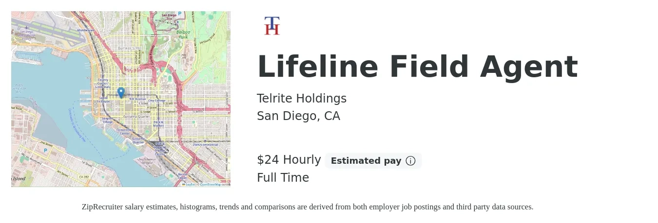 Telrite Holdings job posting for a Lifeline Field Agent in San Diego, CA with a salary of $25 Hourly with a map of San Diego location.