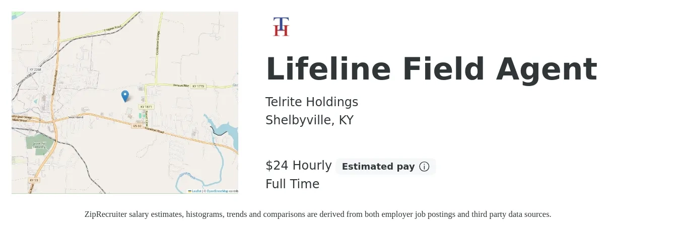 Telrite Holdings job posting for a Lifeline Field Agent in Shelbyville, KY with a salary of $25 Hourly with a map of Shelbyville location.