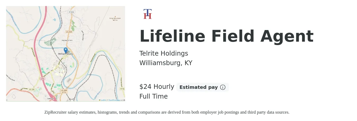 Telrite Holdings job posting for a Lifeline Field Agent in Williamsburg, KY with a salary of $25 Hourly with a map of Williamsburg location.