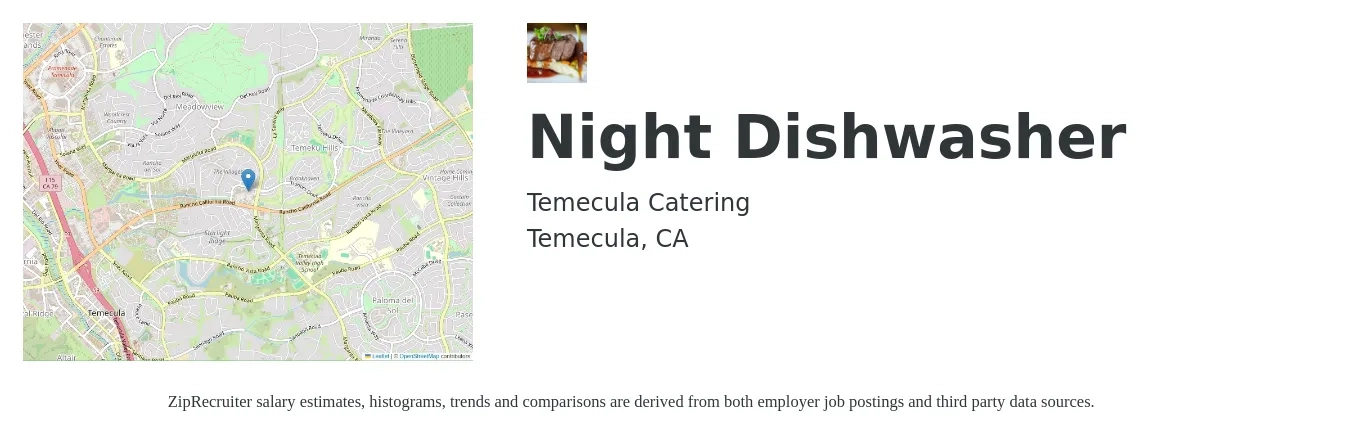 Temecula Catering job posting for a Night Dishwasher in Temecula, CA with a salary of $13 to $17 Hourly with a map of Temecula location.