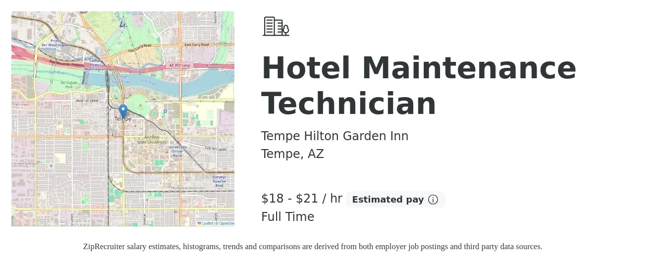 Tempe Hilton Garden Inn job posting for a Hotel Maintenance Technician in Tempe, AZ with a salary of $19 to $22 Hourly with a map of Tempe location.