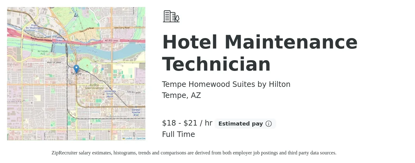 Tempe Homewood Suites by Hilton job posting for a Hotel Maintenance Technician in Tempe, AZ with a salary of $19 to $22 Hourly with a map of Tempe location.
