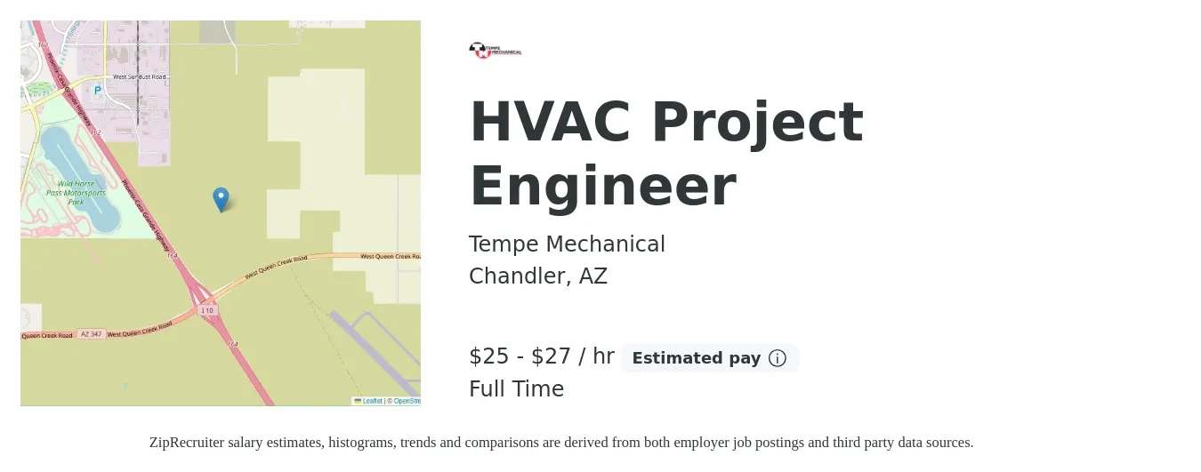 Tempe Mechanical job posting for a HVAC Project Engineer in Chandler, AZ with a salary of $27 to $29 Hourly with a map of Chandler location.