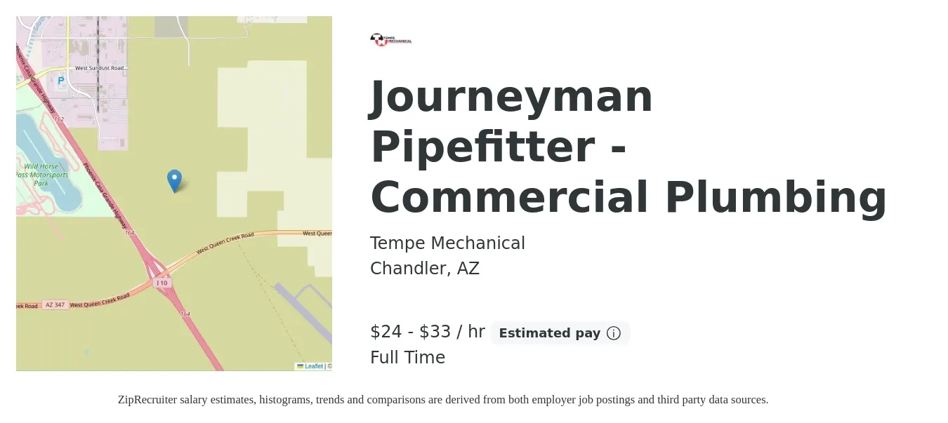 Tempe Mechanical job posting for a Journeyman Pipefitter - Commercial Plumbing in Chandler, AZ with a salary of $25 to $35 Hourly with a map of Chandler location.