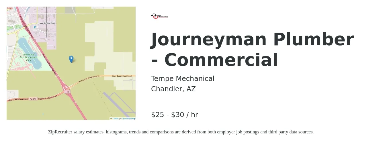 Tempe Mechanical job posting for a Journeyman Plumber - Commercial in Chandler, AZ with a salary of $28 to $34 Hourly with a map of Chandler location.