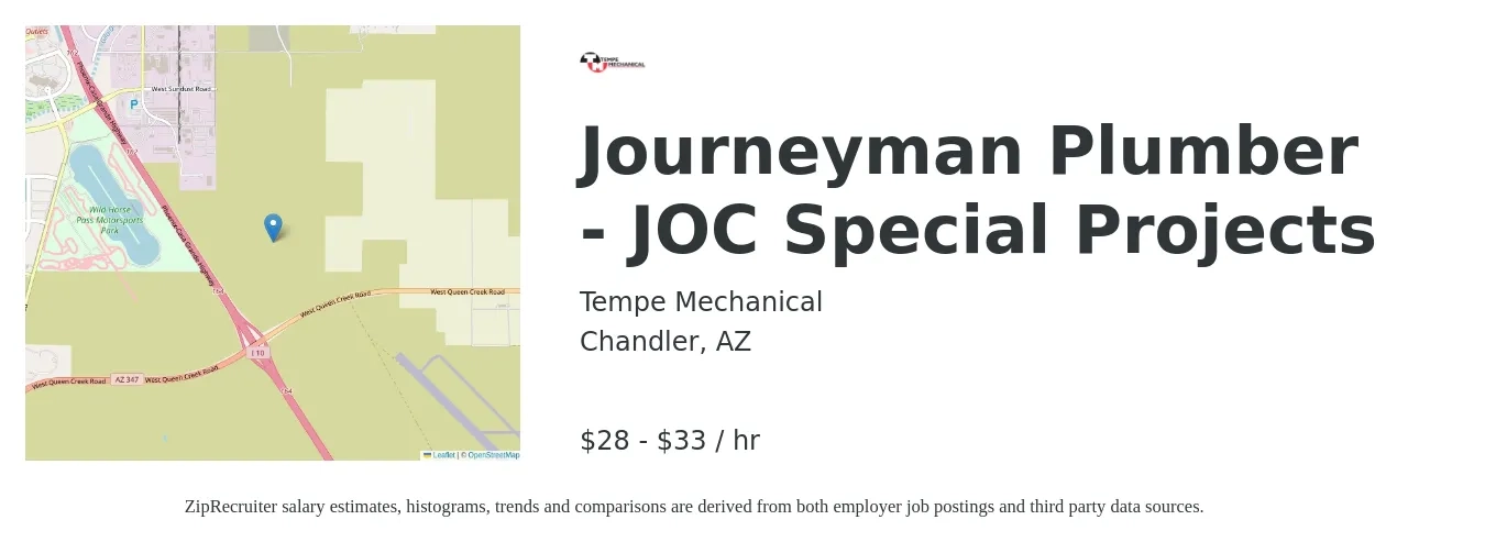 Tempe Mechanical job posting for a Journeyman Plumber - JOC Special Projects in Chandler, AZ with a salary of $30 to $35 Hourly with a map of Chandler location.