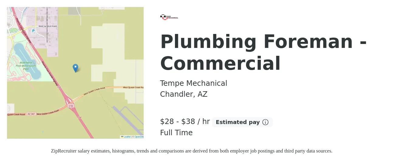 Tempe Mechanical job posting for a Plumbing Foreman - Commercial in Chandler, AZ with a salary of $30 to $40 Hourly with a map of Chandler location.