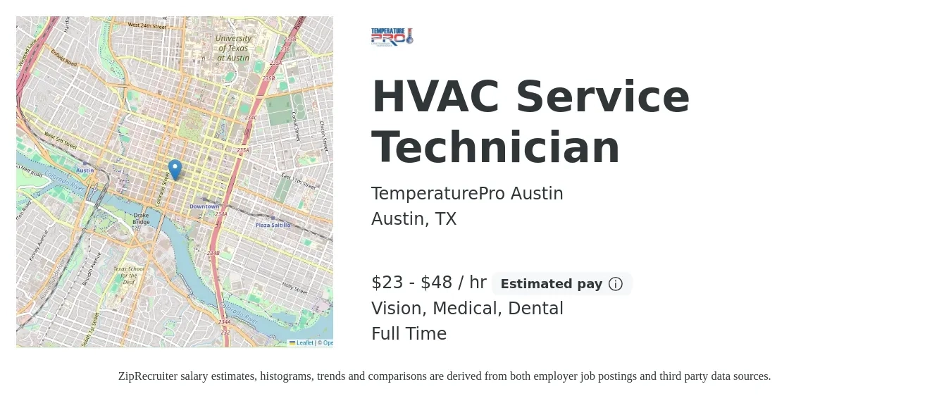 TemperaturePro Austin job posting for a HVAC Service Technician in Austin, TX with a salary of $24 to $50 Hourly (plus commission) and benefits including life_insurance, medical, pto, retirement, vision, and dental with a map of Austin location.