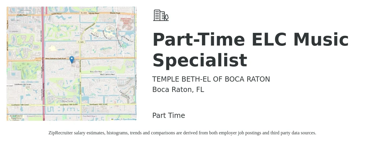 TEMPLE BETH-EL OF BOCA RATON job posting for a Part-Time ELC Music Specialist in Boca Raton, FL with a salary of $23 to $34 Hourly with a map of Boca Raton location.