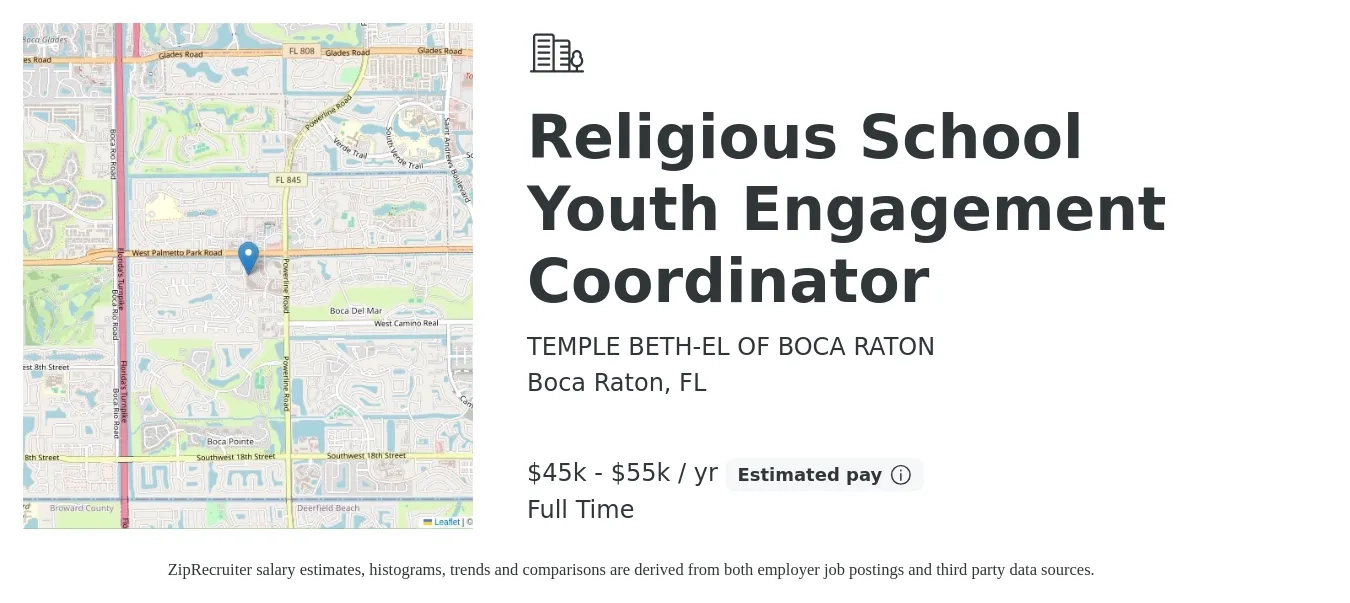 TEMPLE BETH-EL OF BOCA RATON job posting for a Religious School Youth Engagement Coordinator in Boca Raton, FL with a salary of $45,000 to $55,000 Yearly with a map of Boca Raton location.