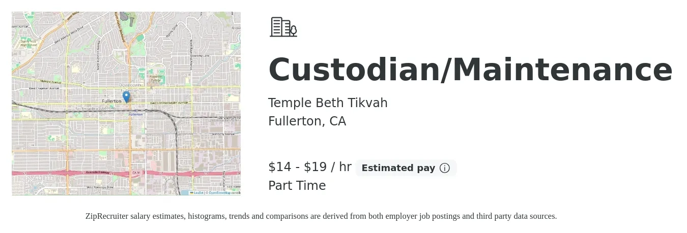Temple Beth Tikvah job posting for a Custodian/Maintenance in Fullerton, CA with a salary of $15 to $20 Hourly with a map of Fullerton location.