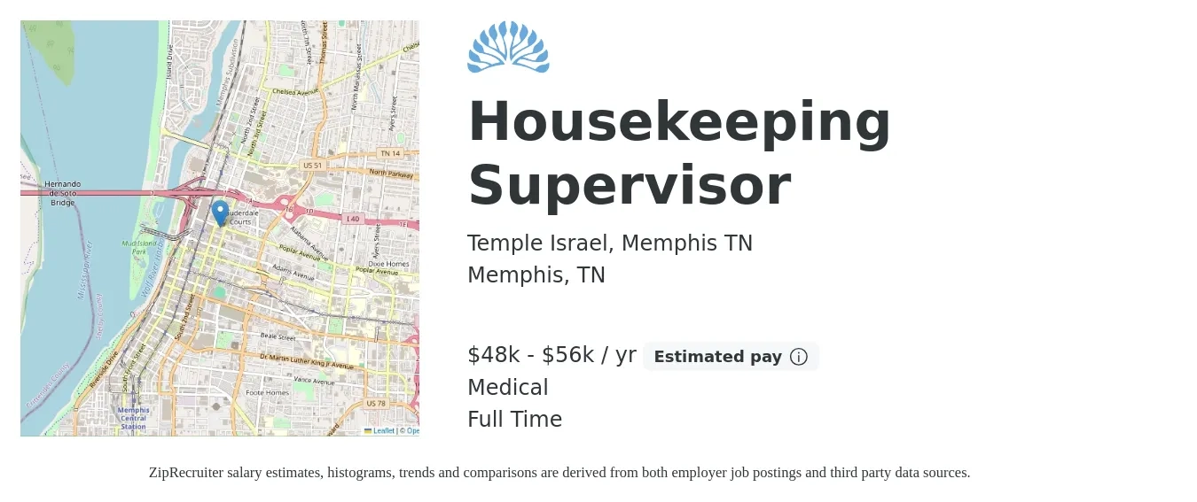 Temple Israel, Memphis TN job posting for a Housekeeping Supervisor in Memphis, TN with a salary of $48,000 to $56,000 Yearly and benefits including life_insurance, medical, pto, and retirement with a map of Memphis location.