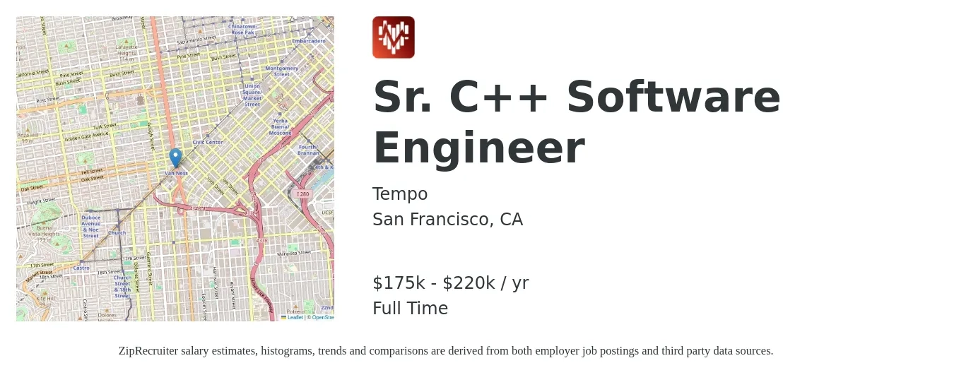 Tempo job posting for a Sr. C++ Software Engineer in San Francisco, CA with a salary of $175,000 to $220,000 Yearly with a map of San Francisco location.