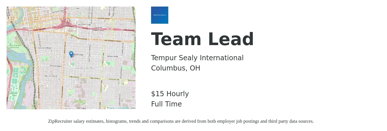 Tempur Sealy International job posting for a Team Lead in Columbus, OH with a salary of $16 Hourly with a map of Columbus location.