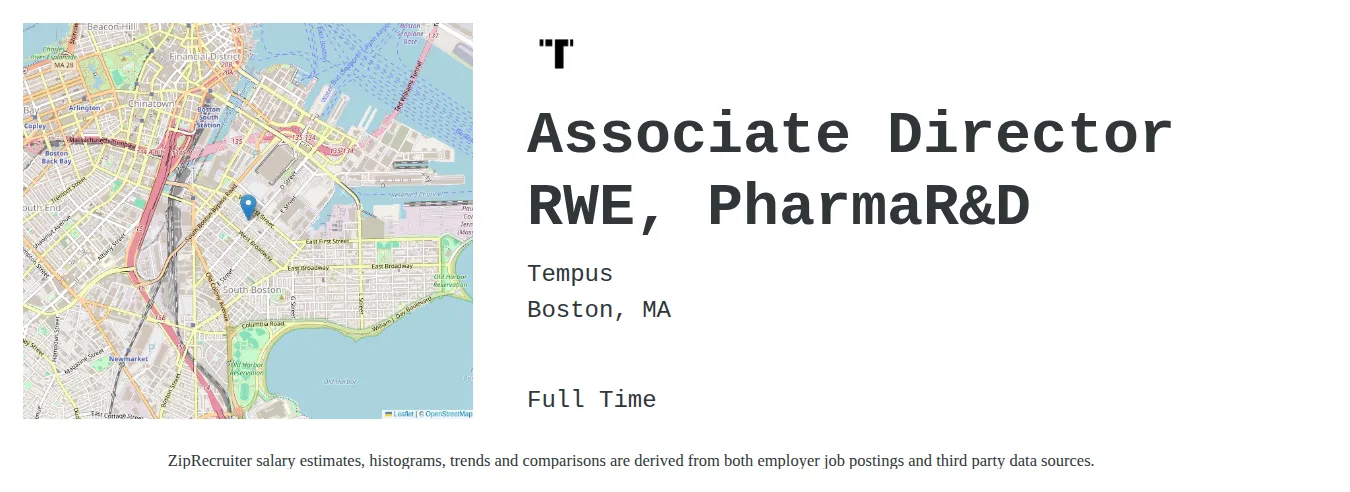 Tempus job posting for a Associate Director RWE, PharmaR&D in Boston, MA with a salary of $76,000 to $153,200 Annually with a map of Boston location.
