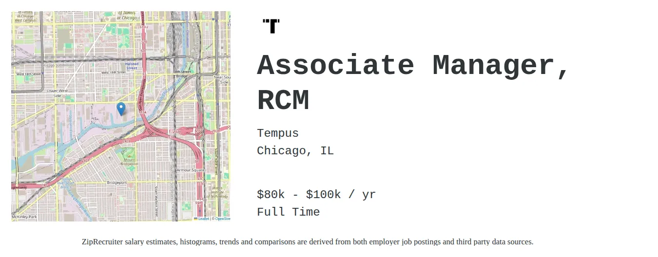 Tempus job posting for a Associate Manager, RCM in Chicago, IL with a salary of $80,000 to $100,000 Annually with a map of Chicago location.