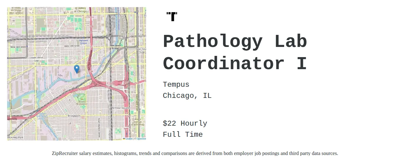 Tempus job posting for a Pathology Lab Coordinator I in Chicago, IL with a salary of $23 Hourly with a map of Chicago location.