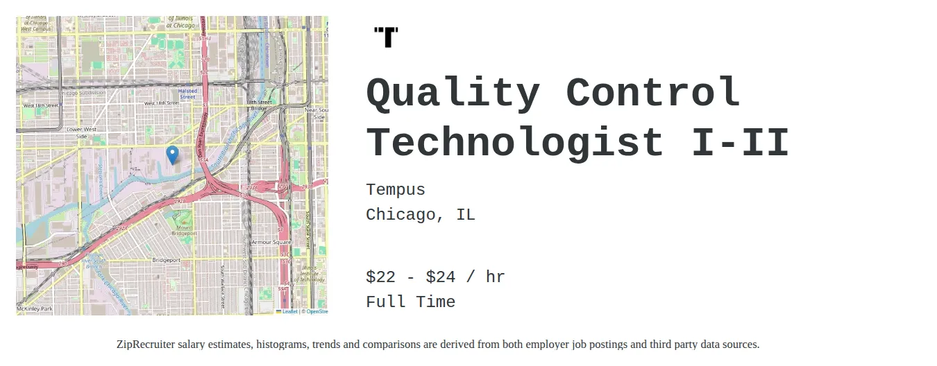 Tempus job posting for a Quality Control Technologist I-II in Chicago, IL with a salary of $23 to $26 Hourly with a map of Chicago location.