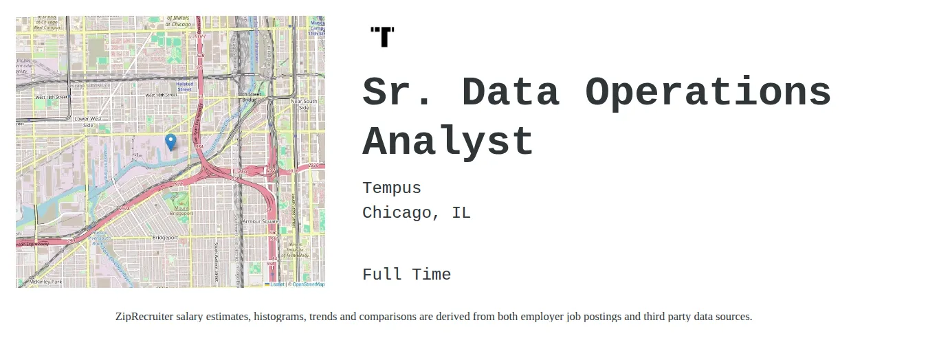 Tempus job posting for a Sr. Data Operations Analyst in Chicago, IL with a salary of $88,600 to $111,800 Annually with a map of Chicago location.