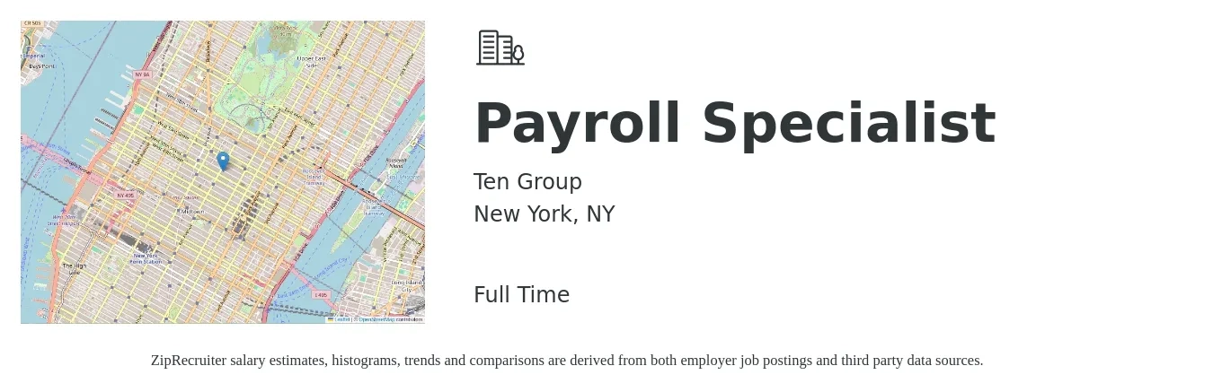 Ten Group job posting for a Payroll Specialist in New York, NY with a salary of $26 to $35 Hourly with a map of New York location.