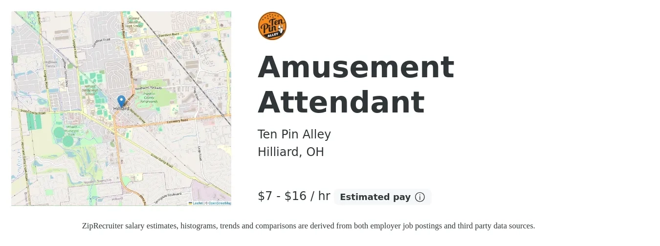 Ten Pin Alley job posting for a Amusement Attendant in Hilliard, OH with a salary of $8 to $17 Hourly with a map of Hilliard location.