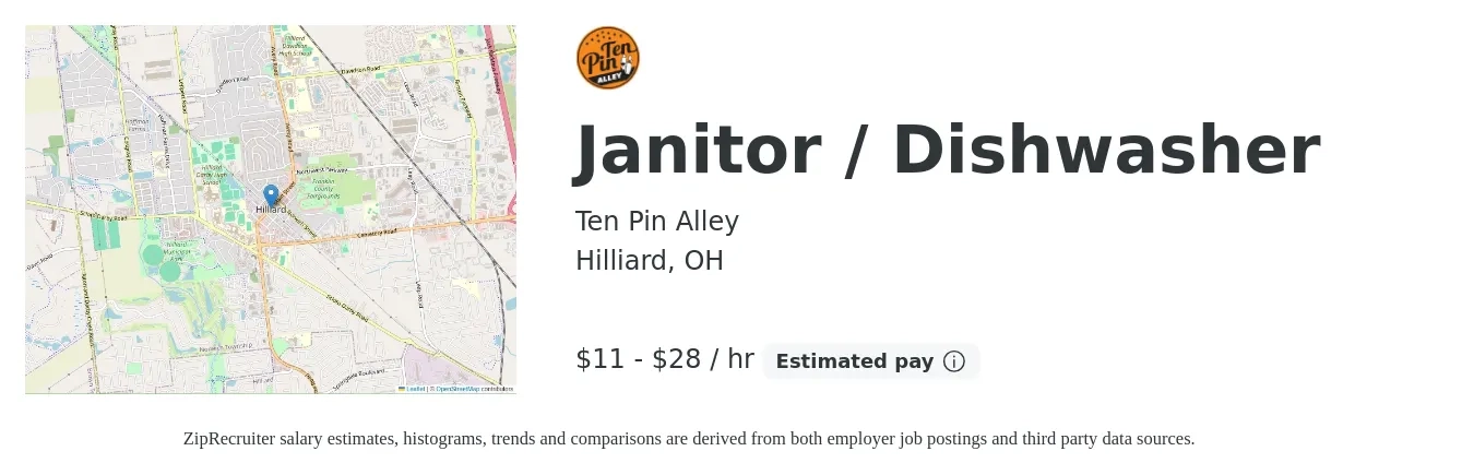 Ten Pin Alley job posting for a Janitor / Dishwasher in Hilliard, OH with a salary of $12 to $30 Hourly with a map of Hilliard location.