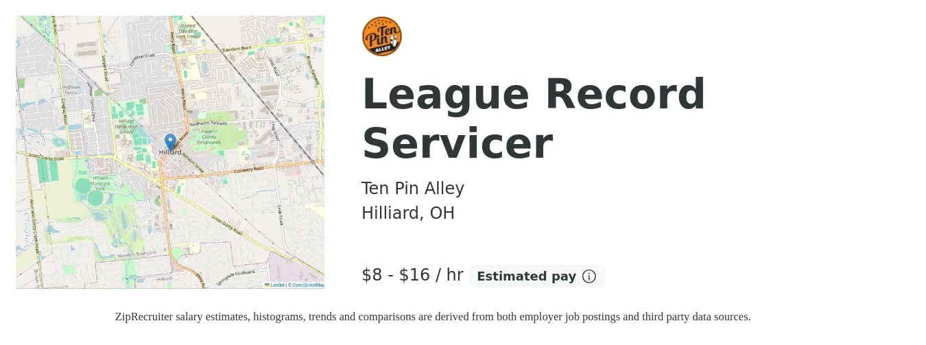 Ten Pin Alley job posting for a League Record Servicer in Hilliard, OH with a salary of $9 to $18 Hourly with a map of Hilliard location.