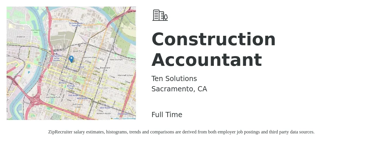 Ten Solutions job posting for a Construction Accountant in Sacramento, CA with a salary of $69,200 to $90,900 Yearly with a map of Sacramento location.