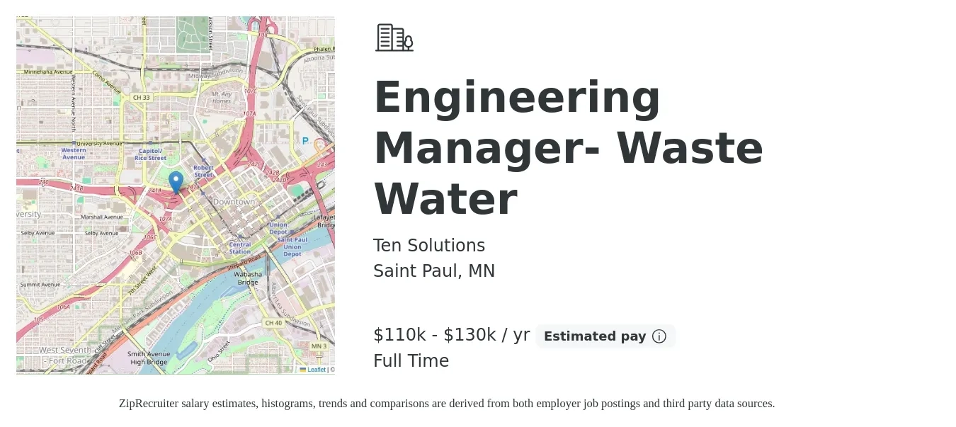 Ten Solutions job posting for a Engineering Manager- Waste Water in Saint Paul, MN with a salary of $117,800 to $175,000 Yearly with a map of Saint Paul location.