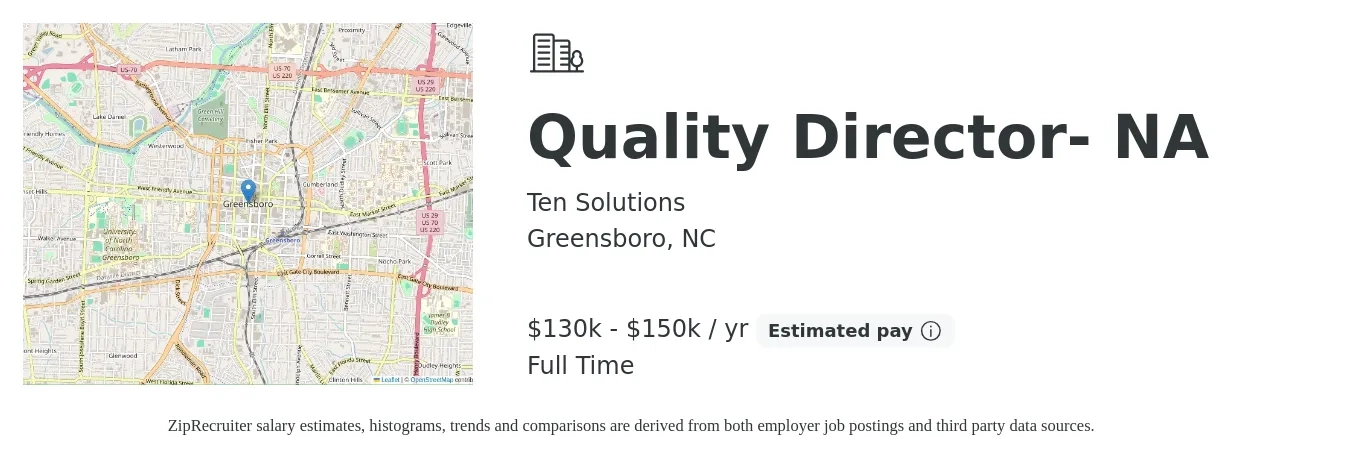 Ten Solutions job posting for a Quality Director- NA in Greensboro, NC with a salary of $88,200 to $146,300 Yearly with a map of Greensboro location.