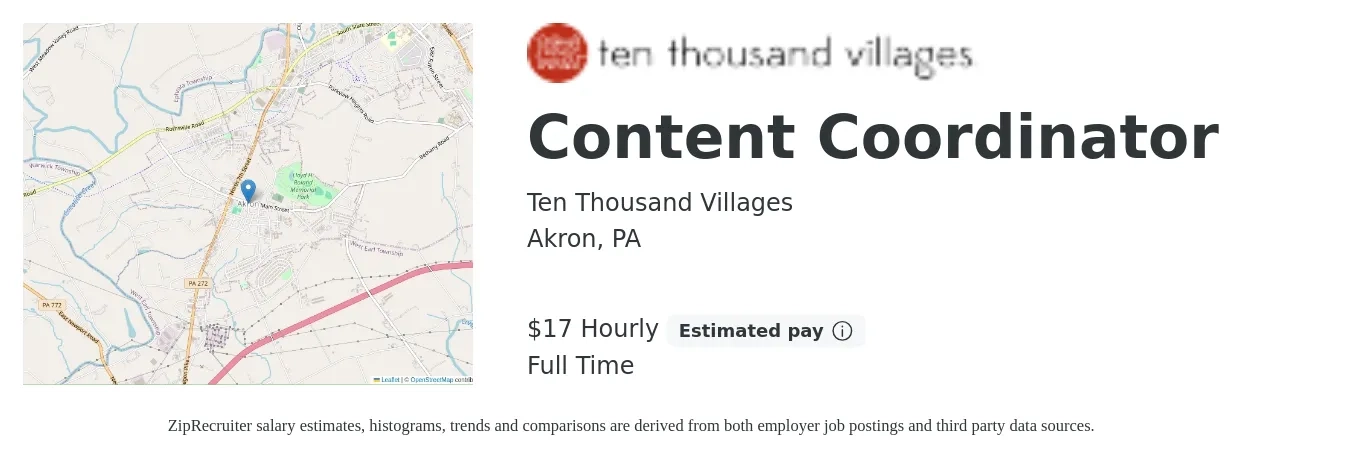 Ten Thousand Villages job posting for a Content Coordinator in Akron, PA with a salary of $18 Hourly with a map of Akron location.