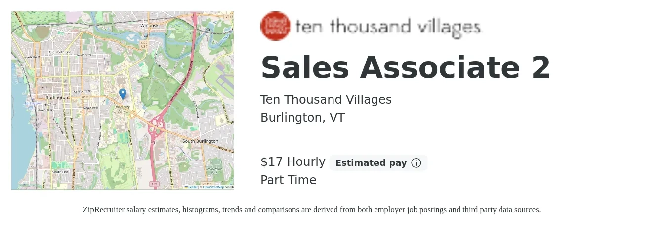 Ten Thousand Villages job posting for a Sales Associate 2 in Burlington, VT with a salary of $18 Hourly with a map of Burlington location.