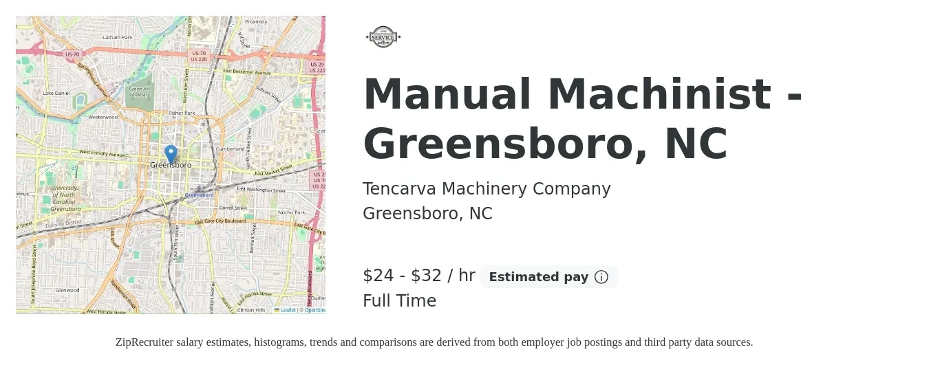 Tencarva Machinery Company job posting for a Manual Machinist - Greensboro, NC in Greensboro, NC with a salary of $25 to $34 Hourly with a map of Greensboro location.