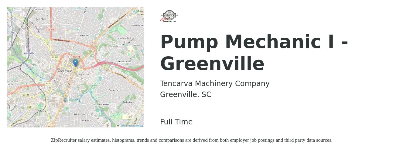 Tencarva Machinery Company job posting for a Pump Mechanic I - Greenville in Greenville, SC with a salary of $20 to $25 Hourly with a map of Greenville location.