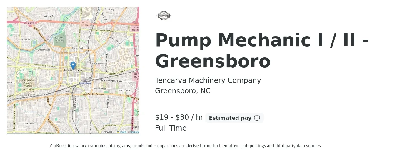 Tencarva Machinery Company job posting for a Pump Mechanic I / II - Greensboro in Greensboro, NC with a salary of $20 to $32 Hourly with a map of Greensboro location.