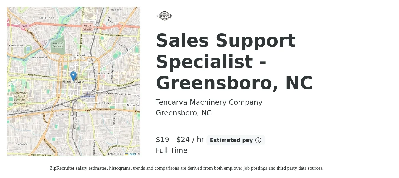 Tencarva Machinery Company job posting for a Sales Support Specialist - Greensboro, NC in Greensboro, NC with a salary of $20 to $25 Hourly with a map of Greensboro location.